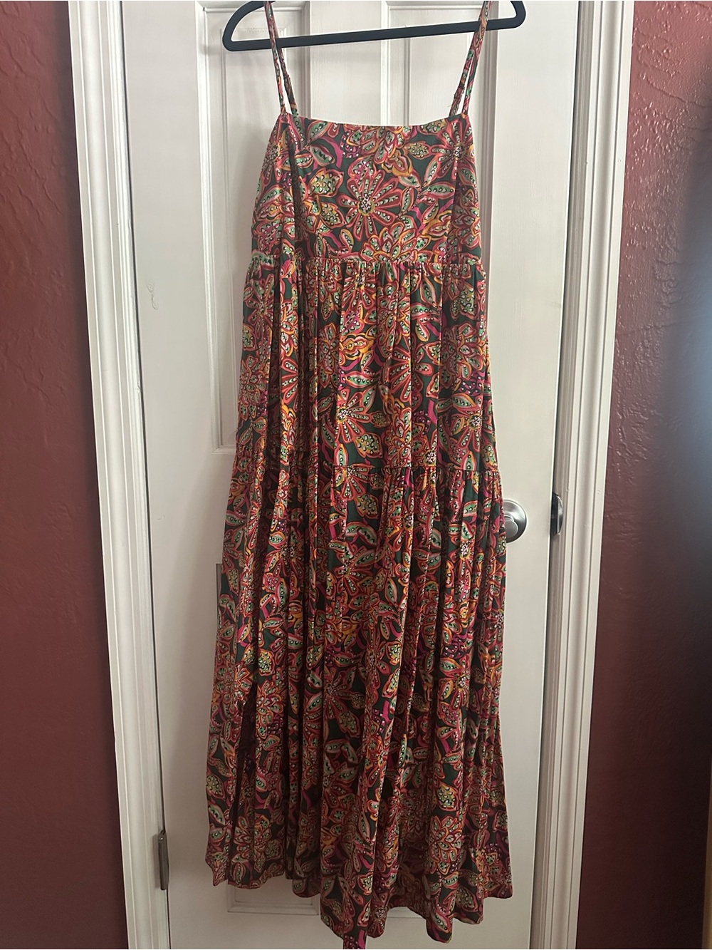 Floral Paisley Tiered Maxi Skirt in Burgundy and Pink